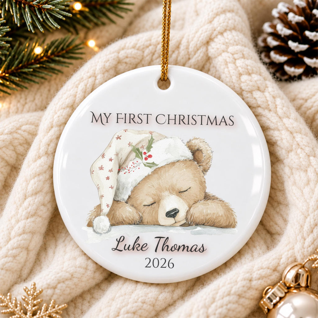 My First Christmas Ornament 2026, Sleepy Teddy Bear Nightcap, Custom Name Ceramic Keepsake, Baby Shower Gift, Gift for New Mom