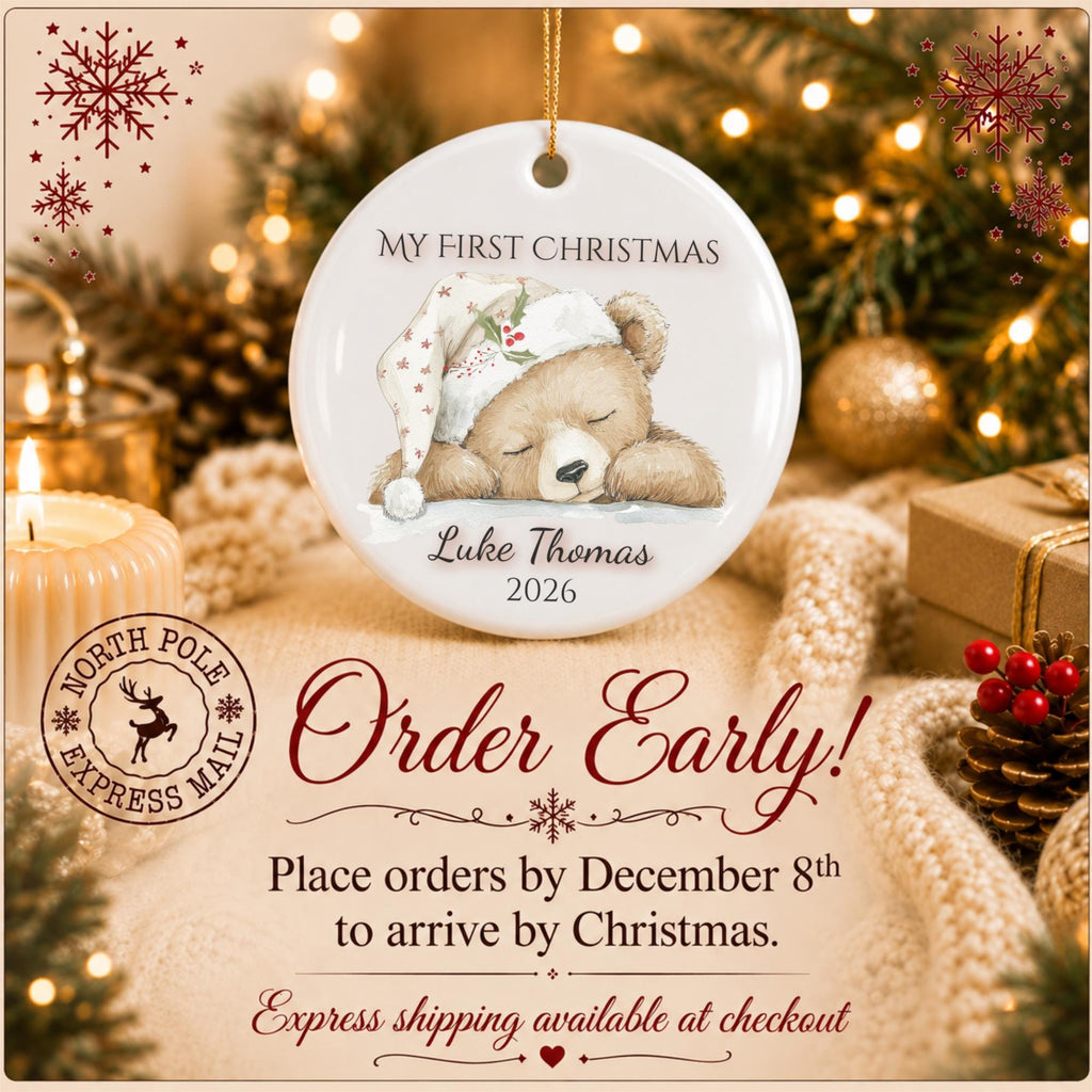 My First Christmas Ornament 2026, Sleepy Teddy Bear Nightcap, Custom Name Ceramic Keepsake, Baby Shower Gift, Gift for New Mom