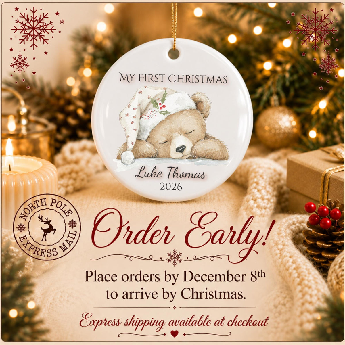 My First Christmas Ornament 2026, Sleepy Teddy Bear Nightcap, Custom Name Ceramic Keepsake, Baby Shower Gift, Gift for New Mom