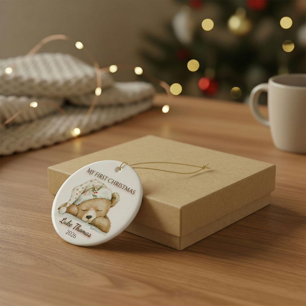 My First Christmas Ornament 2026, Sleepy Teddy Bear Nightcap, Custom Name Ceramic Keepsake, Baby Shower Gift, Gift for New Mom