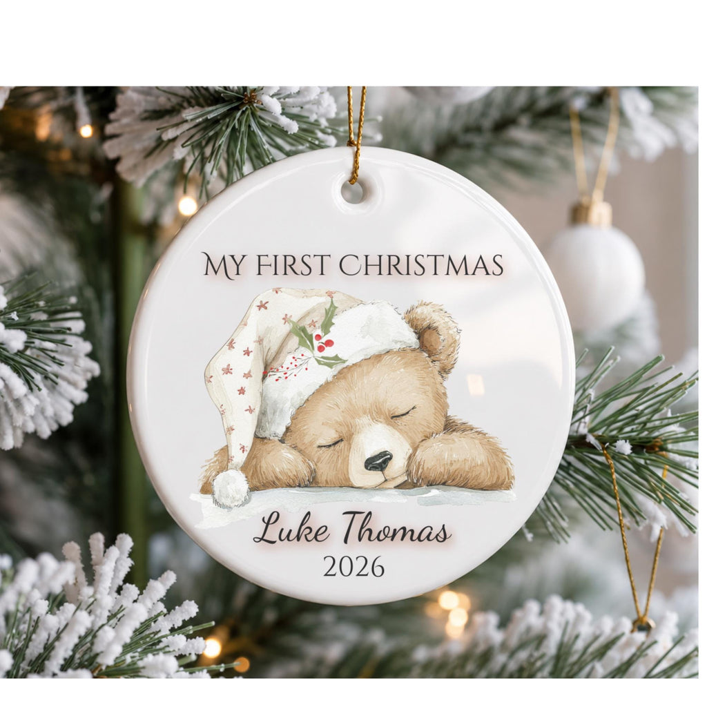 My First Christmas Ornament 2026, Sleepy Teddy Bear Nightcap, Custom Name Ceramic Keepsake, Baby Shower Gift, Gift for New Mom