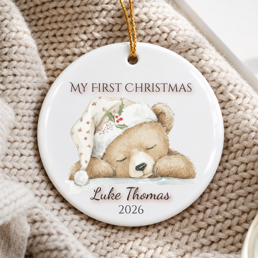 My First Christmas Ornament 2026, Sleepy Teddy Bear Nightcap, Custom Name Ceramic Keepsake, Baby Shower Gift, Gift for New Mom
