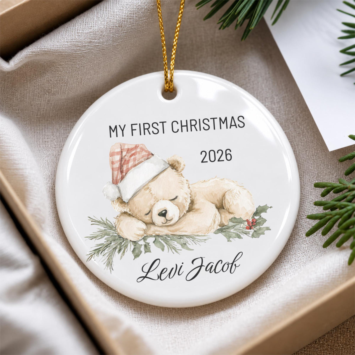 Baby's First Christmas Ornament 2026, Personalized Teddy Bear Keepsake, Custom Name Ceramic Ornament, New Baby Gift, Grandbaby Gift