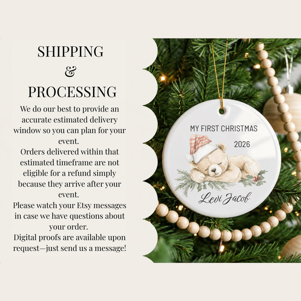 Baby's First Christmas Ornament 2026, Personalized Teddy Bear Keepsake, Custom Name Ceramic Ornament, New Baby Gift, Grandbaby Gift