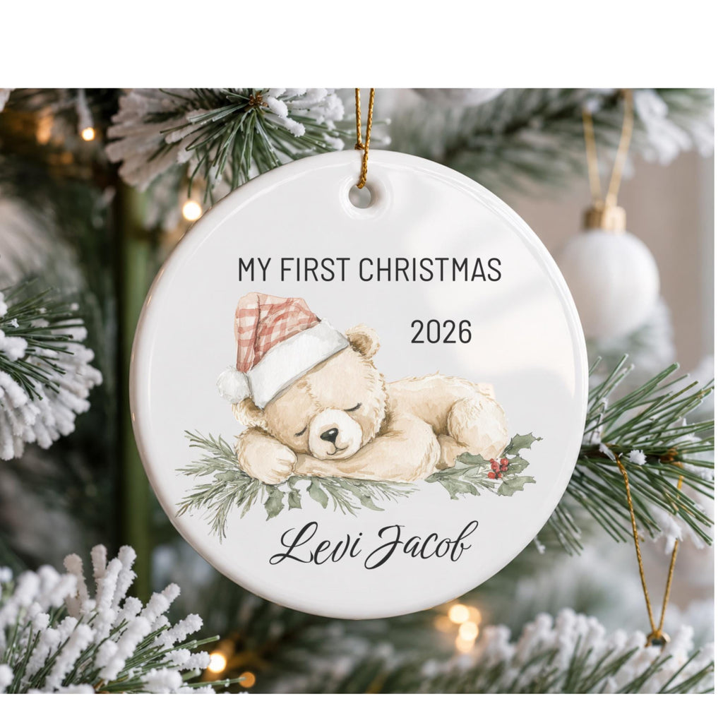 Baby's First Christmas Ornament 2026, Personalized Teddy Bear Keepsake, Custom Name Ceramic Ornament, New Baby Gift, Grandbaby Gift