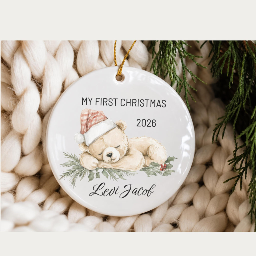 Baby's First Christmas Ornament 2026, Personalized Teddy Bear Keepsake, Custom Name Ceramic Ornament, New Baby Gift, Grandbaby Gift