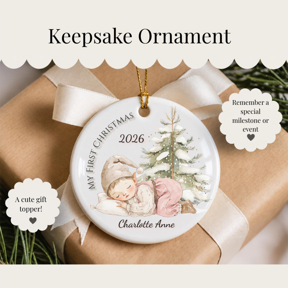 Baby's First Christmas Ornament 2026, Sleeping Baby Elf, Custom Name Ceramic Keepsake, Newborn Gift, New Baby Boy Girl, Baby Shower Gift