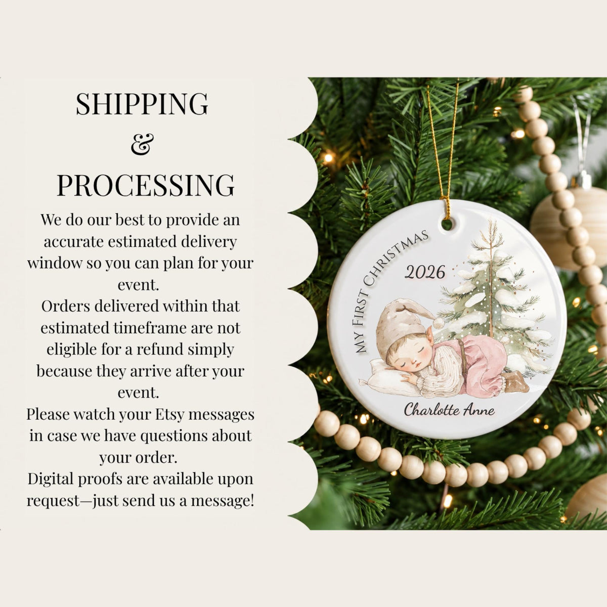 Baby's First Christmas Ornament 2026, Sleeping Baby Elf, Custom Name Ceramic Keepsake, Newborn Gift, New Baby Boy Girl, Baby Shower Gift