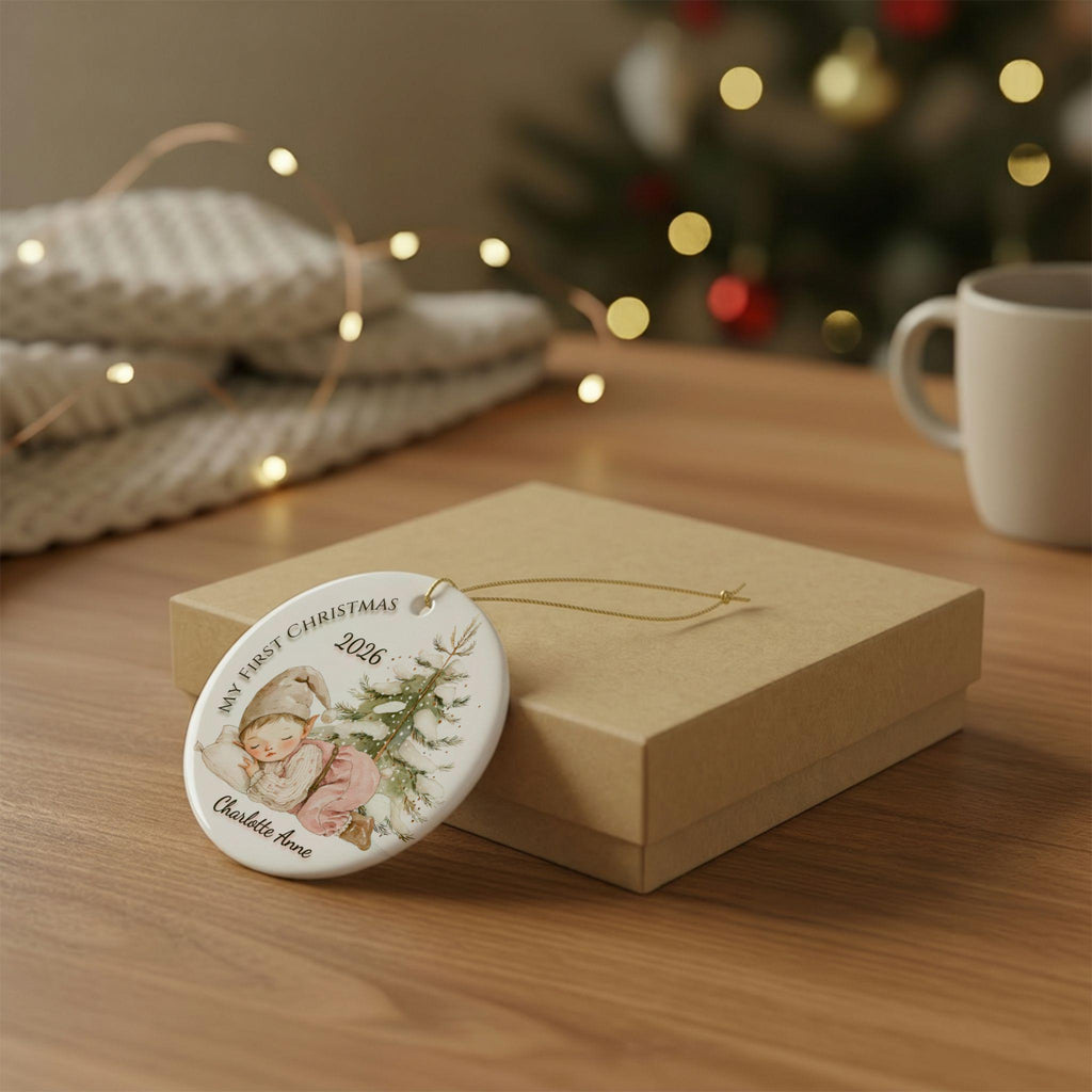 Baby's First Christmas Ornament 2026, Sleeping Baby Elf, Custom Name Ceramic Keepsake, Newborn Gift, New Baby Boy Girl, Baby Shower Gift