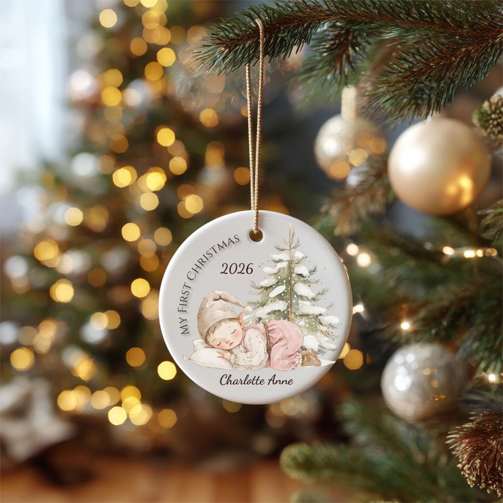 Baby's First Christmas Ornament 2026, Sleeping Baby Elf, Custom Name Ceramic Keepsake, Newborn Gift, New Baby Boy Girl, Baby Shower Gift