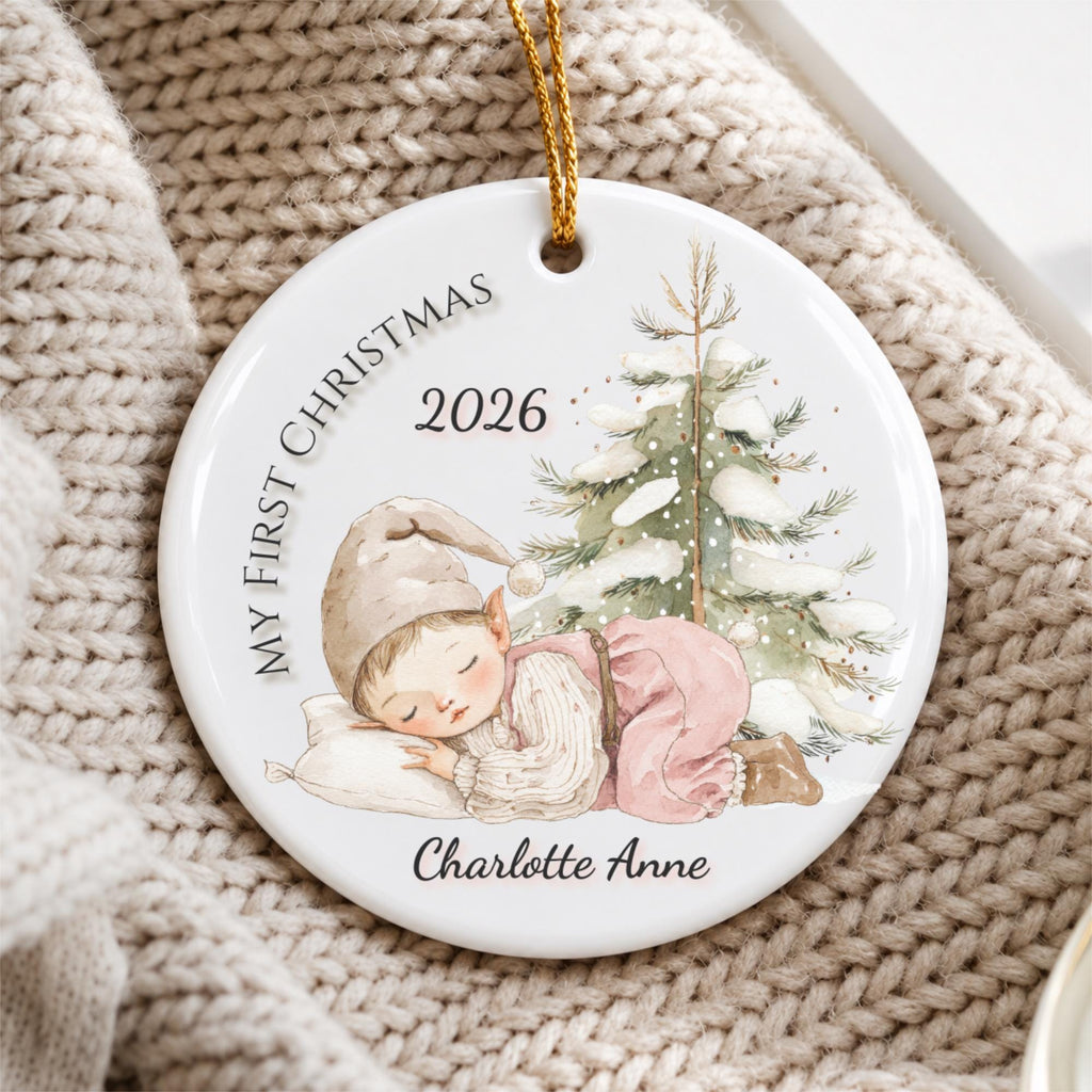 Baby's First Christmas Ornament 2026, Sleeping Baby Elf, Custom Name Ceramic Keepsake, Newborn Gift, New Baby Boy Girl, Baby Shower Gift