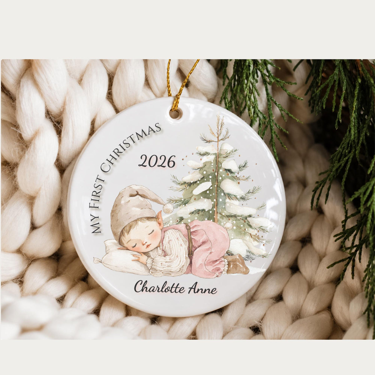 Baby's First Christmas Ornament 2026, Sleeping Baby Elf, Custom Name Ceramic Keepsake, Newborn Gift, New Baby Boy Girl, Baby Shower Gift