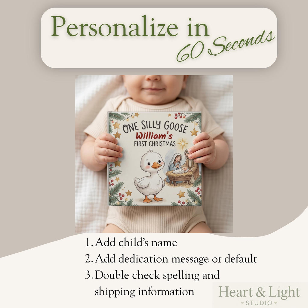 Personalized Baby's First Christmas Book | One Silly Goose Custom Name Storybook | Christian Christmas Gift