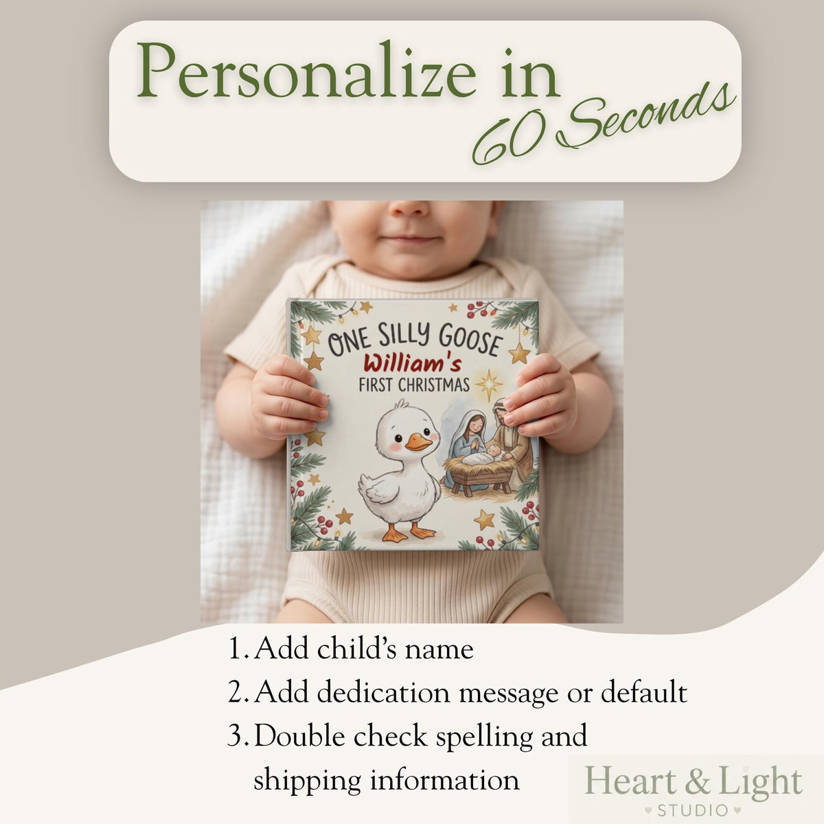 Personalized Baby's First Christmas Book | One Silly Goose Custom Name Storybook | Christian Christmas Gift
