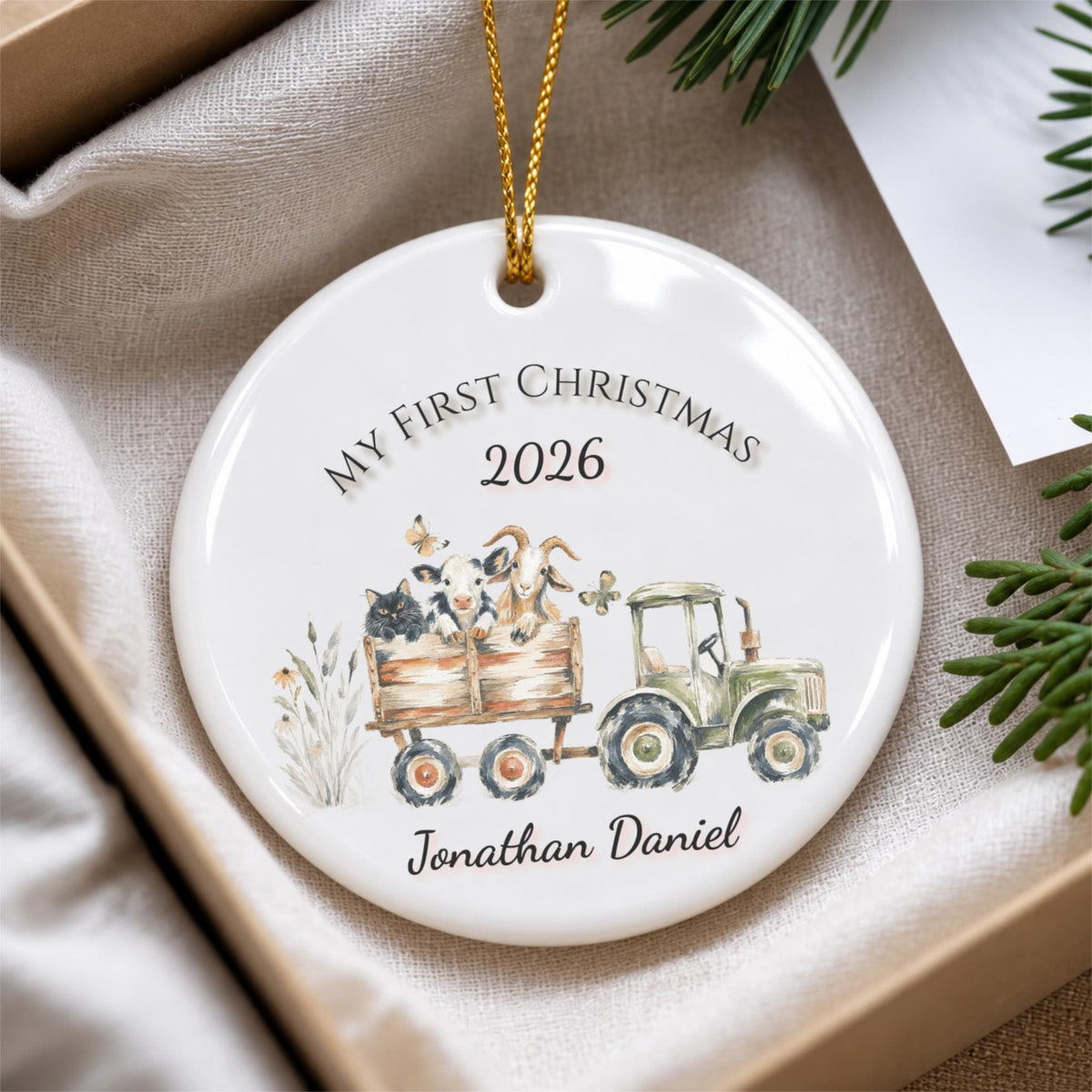 Personalized Baby's First Christmas Ornament, Farm Tractor Animals, Keepsake Gift (2026)