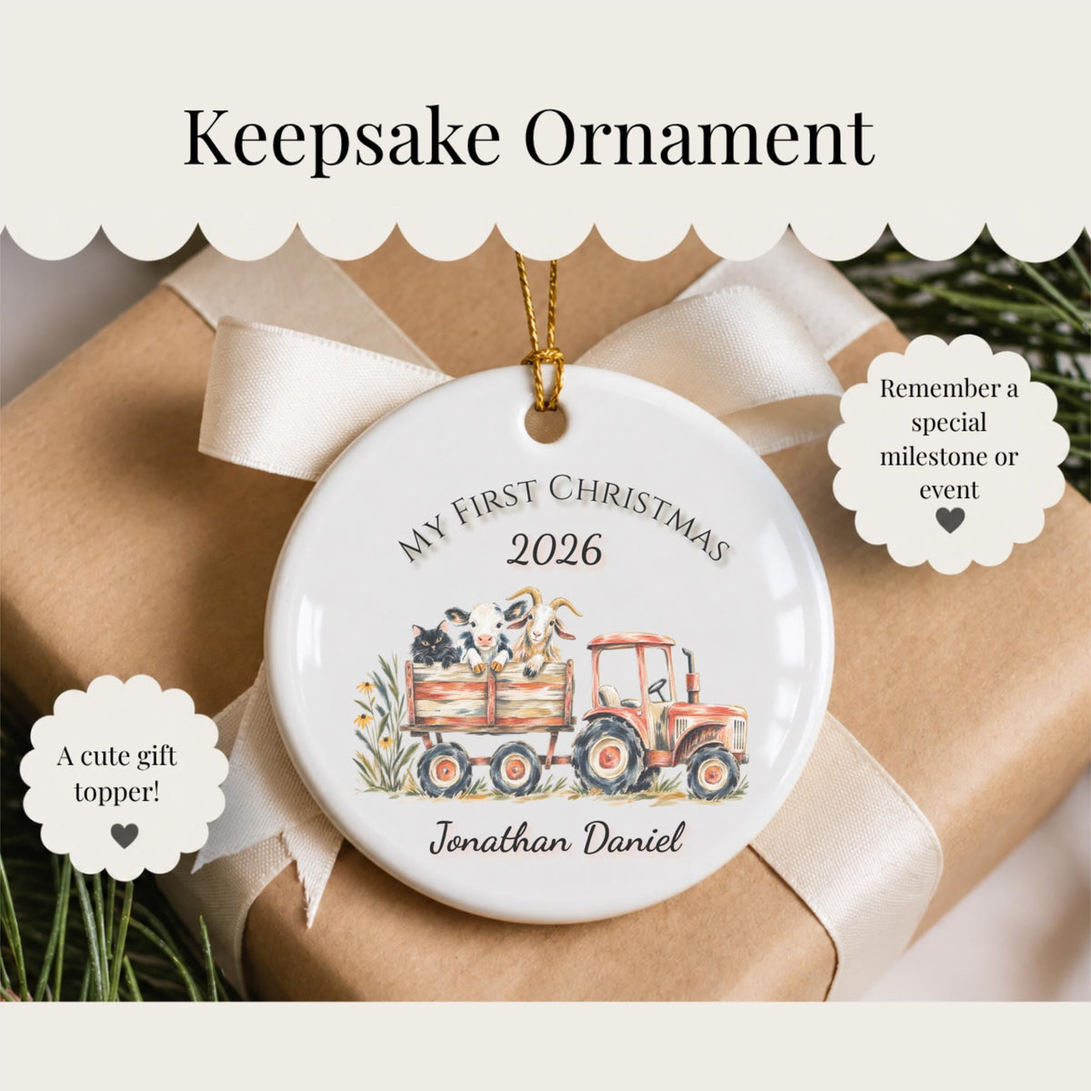 Personalized Baby's First Christmas Ornament, Farm Tractor Animals, Keepsake Gift (2026)