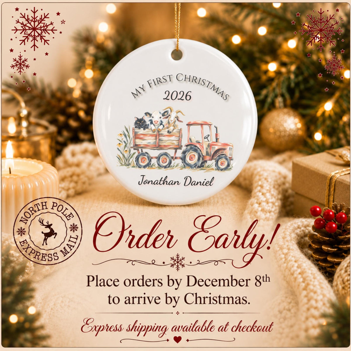 Personalized Baby's First Christmas Ornament, Farm Tractor Animals, Keepsake Gift (2026)