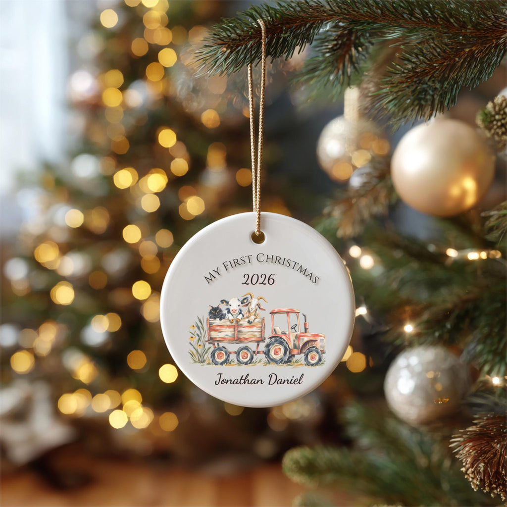 Personalized Baby's First Christmas Ornament, Farm Tractor Animals, Keepsake Gift (2026)