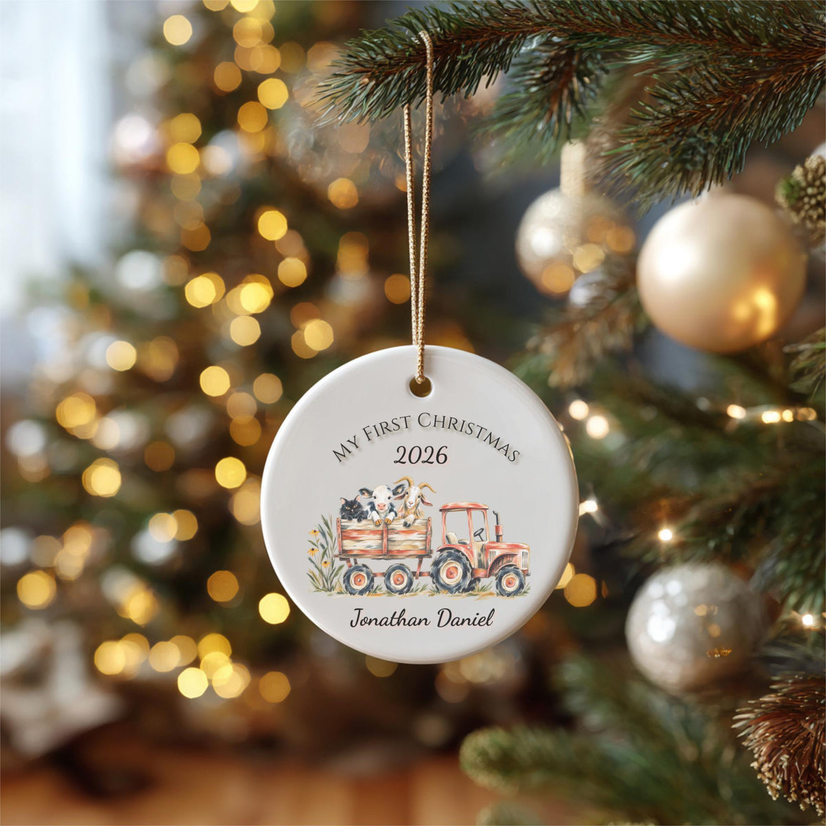Personalized Baby's First Christmas Ornament, Farm Tractor Animals, Keepsake Gift (2026)