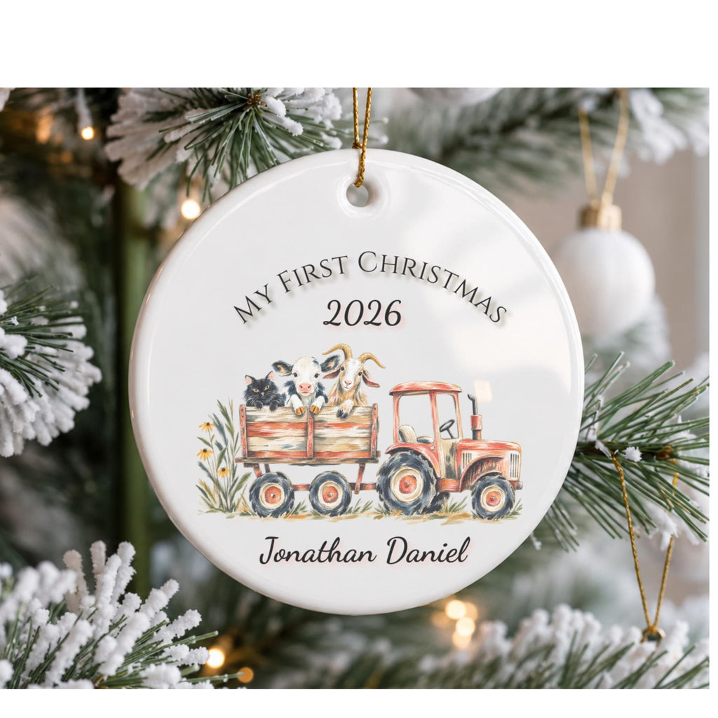 Personalized Baby's First Christmas Ornament, Farm Tractor Animals, Keepsake Gift (2026)