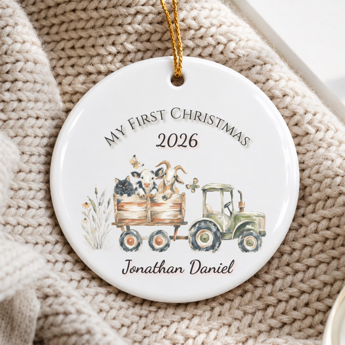 Personalized Baby's First Christmas Ornament, Farm Tractor Animals, Keepsake Gift (2026)