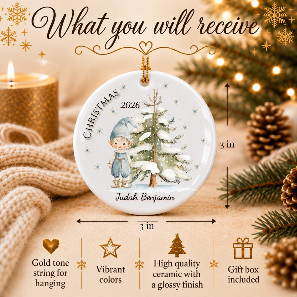 Personalized Christmas Elf Ornament 2026, Custom Name Keepsake for Grandson Granddaughter, Stocking Stuffer Gift for Boy or Girl