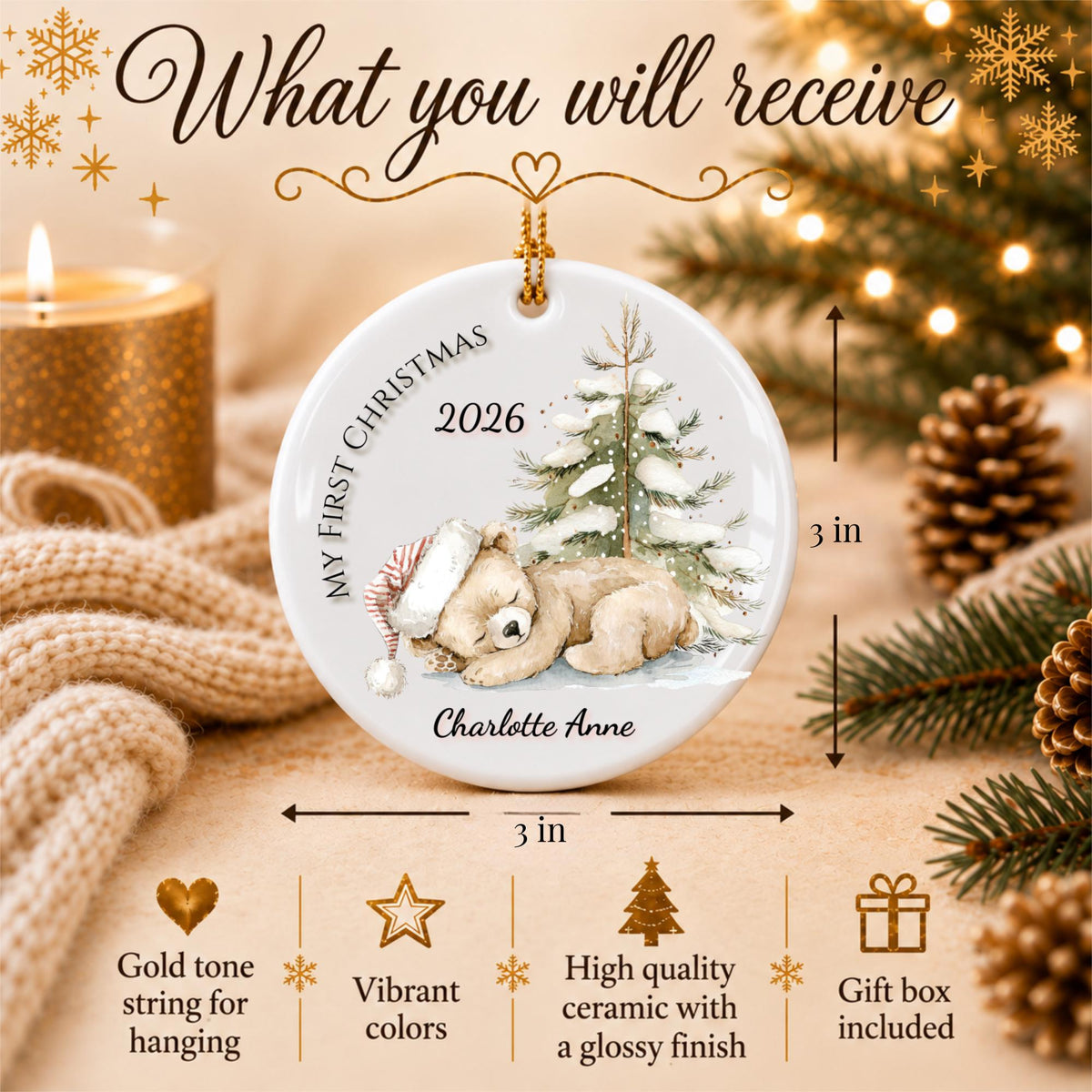 Baby's First Christmas Ornament 2026, Watercolor Teddy Bear Snowy Pine Tree, Personalized Name Keepsake, Newborn Gift, Baby Boy Girl