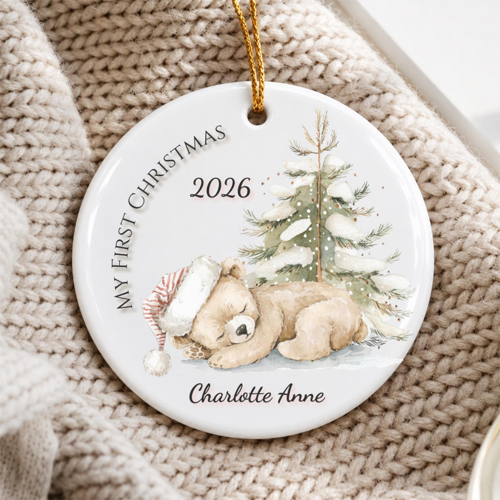 Baby's First Christmas Ornament 2026, Watercolor Teddy Bear Snowy Pine Tree, Personalized Name Keepsake, Newborn Gift, Baby Boy Girl