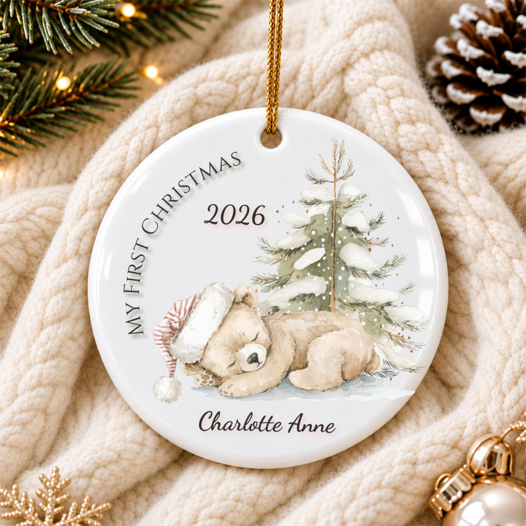 Baby's First Christmas Ornament 2026, Watercolor Teddy Bear Snowy Pine Tree, Personalized Name Keepsake, Newborn Gift, Baby Boy Girl