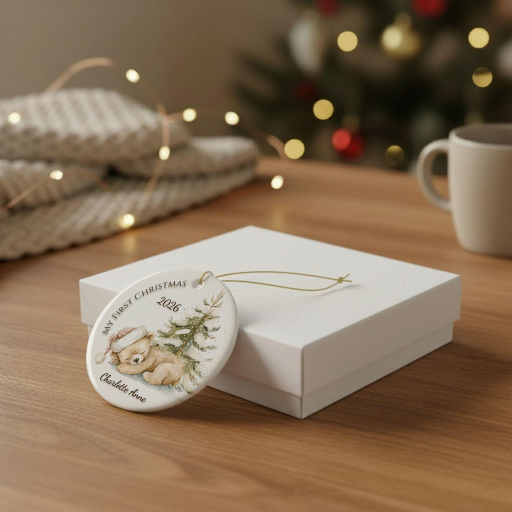 Baby's First Christmas Ornament 2026, Watercolor Teddy Bear Snowy Pine Tree, Personalized Name Keepsake, Newborn Gift, Baby Boy Girl