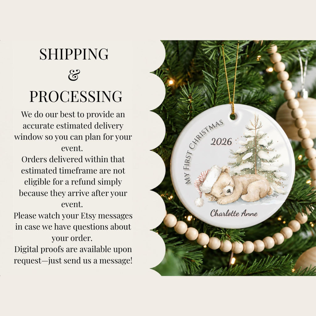 Baby's First Christmas Ornament 2026, Watercolor Teddy Bear Snowy Pine Tree, Personalized Name Keepsake, Newborn Gift, Baby Boy Girl