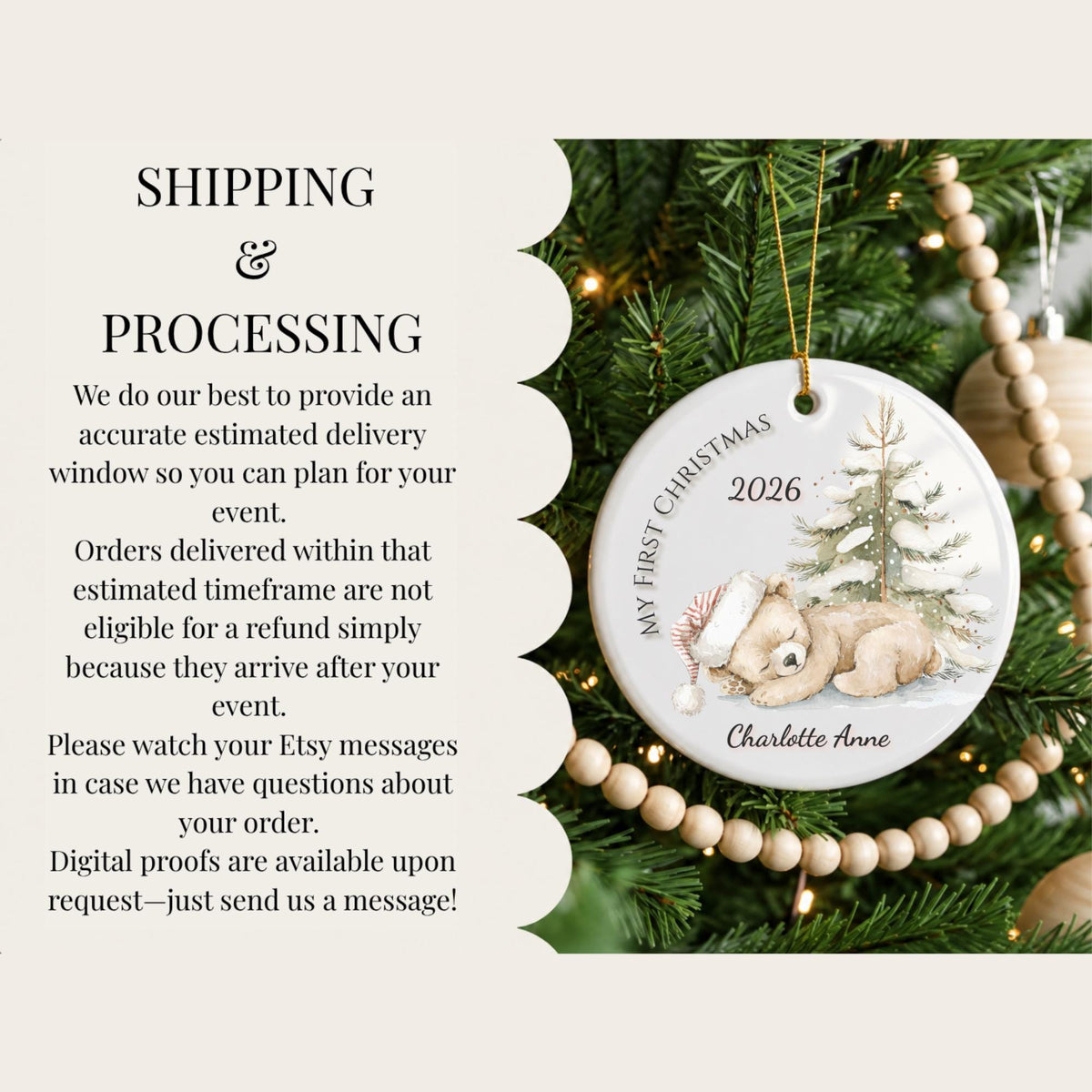 Baby's First Christmas Ornament 2026, Watercolor Teddy Bear Snowy Pine Tree, Personalized Name Keepsake, Newborn Gift, Baby Boy Girl