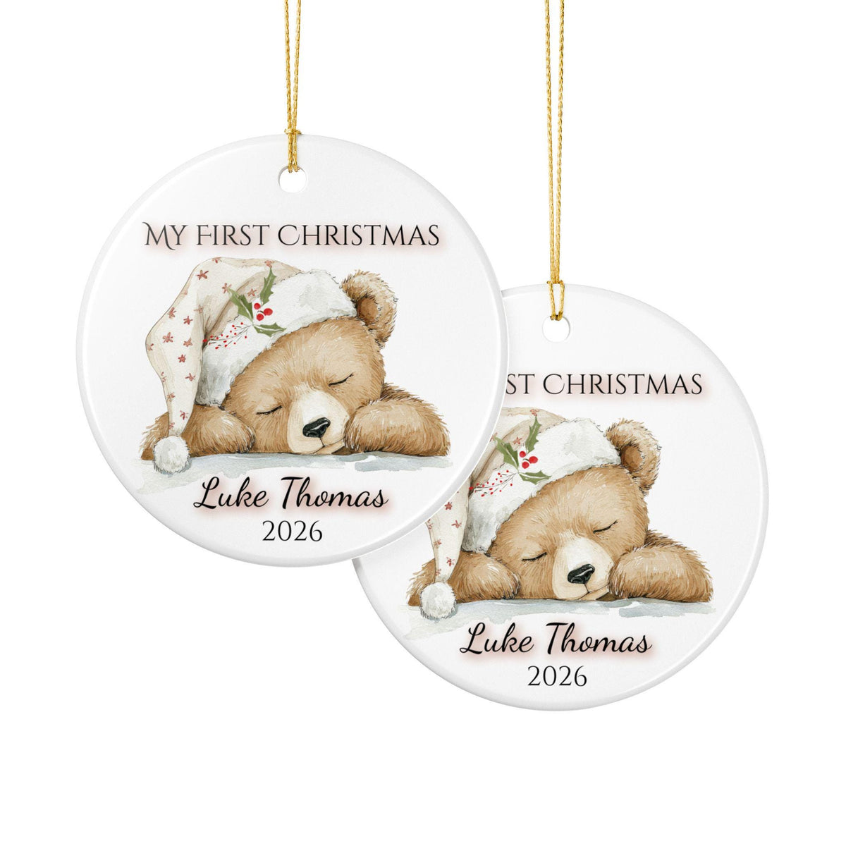 My First Christmas Ornament 2026, Sleepy Teddy Bear Nightcap, Custom Name Ceramic Keepsake, Baby Shower Gift, Gift for New Mom