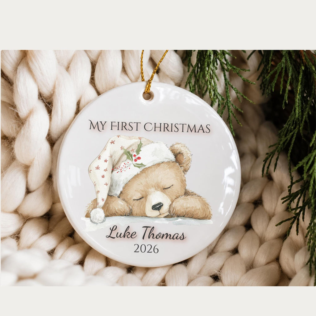 My First Christmas Ornament 2026, Sleepy Teddy Bear Nightcap, Custom Name Ceramic Keepsake, Baby Shower Gift, Gift for New Mom