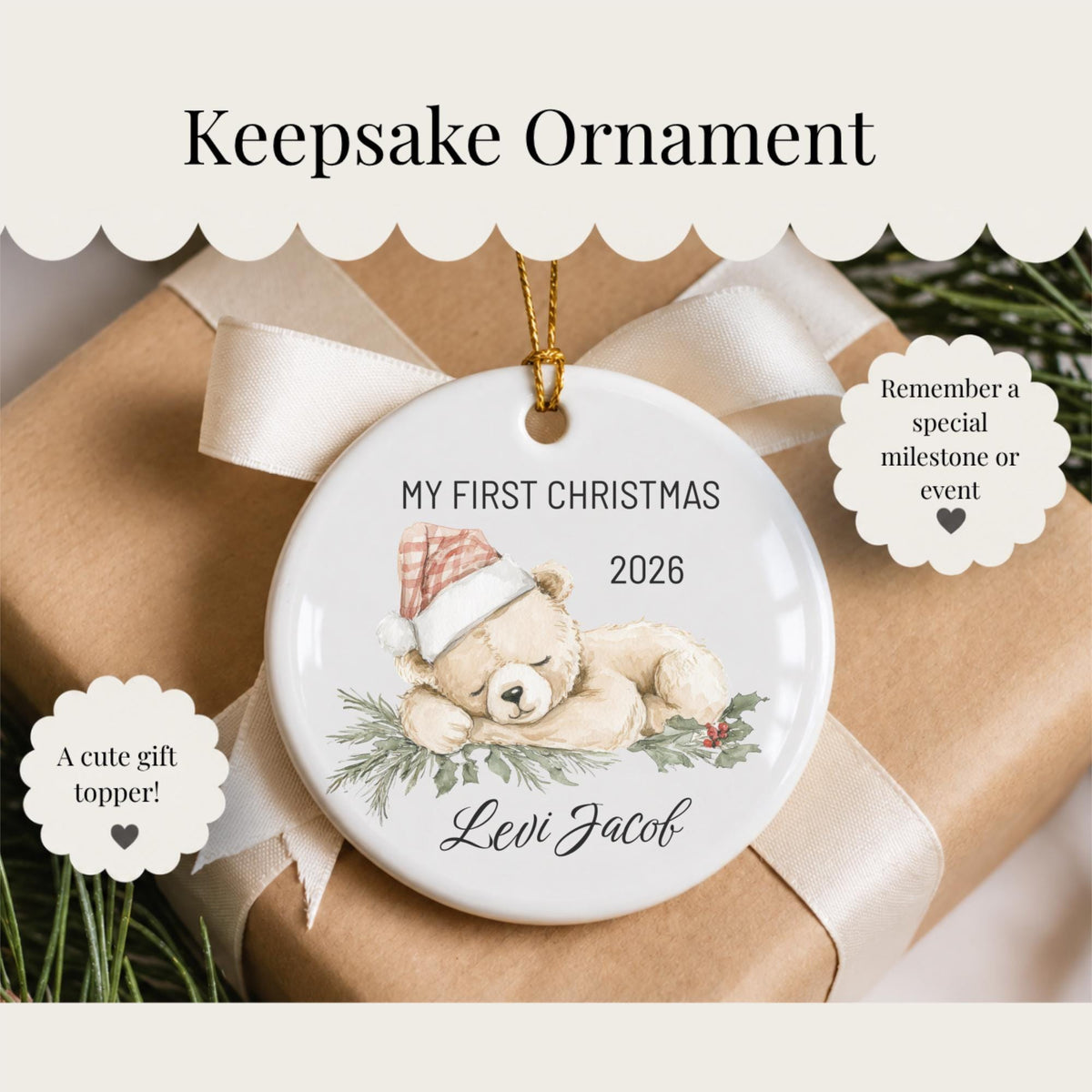 Baby's First Christmas Ornament 2026, Personalized Teddy Bear Keepsake, Custom Name Ceramic Ornament, New Baby Gift, Grandbaby Gift