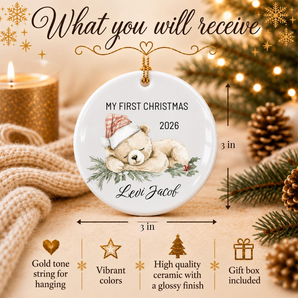 Baby's First Christmas Ornament 2026, Personalized Teddy Bear Keepsake, Custom Name Ceramic Ornament, New Baby Gift, Grandbaby Gift
