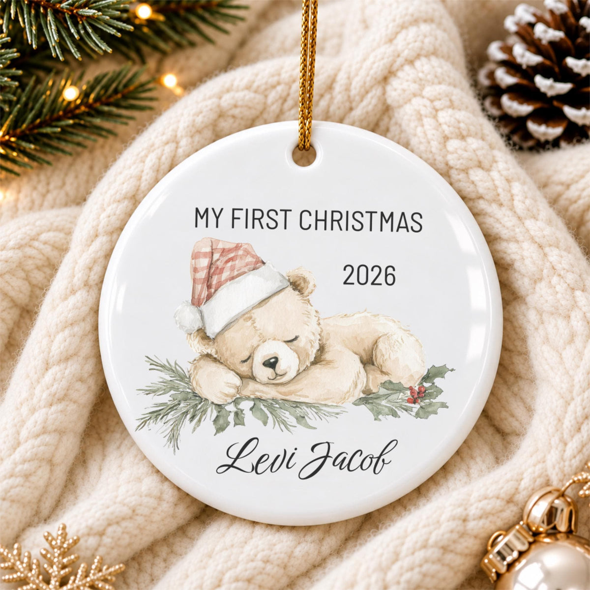 Baby's First Christmas Ornament 2026, Personalized Teddy Bear Keepsake, Custom Name Ceramic Ornament, New Baby Gift, Grandbaby Gift