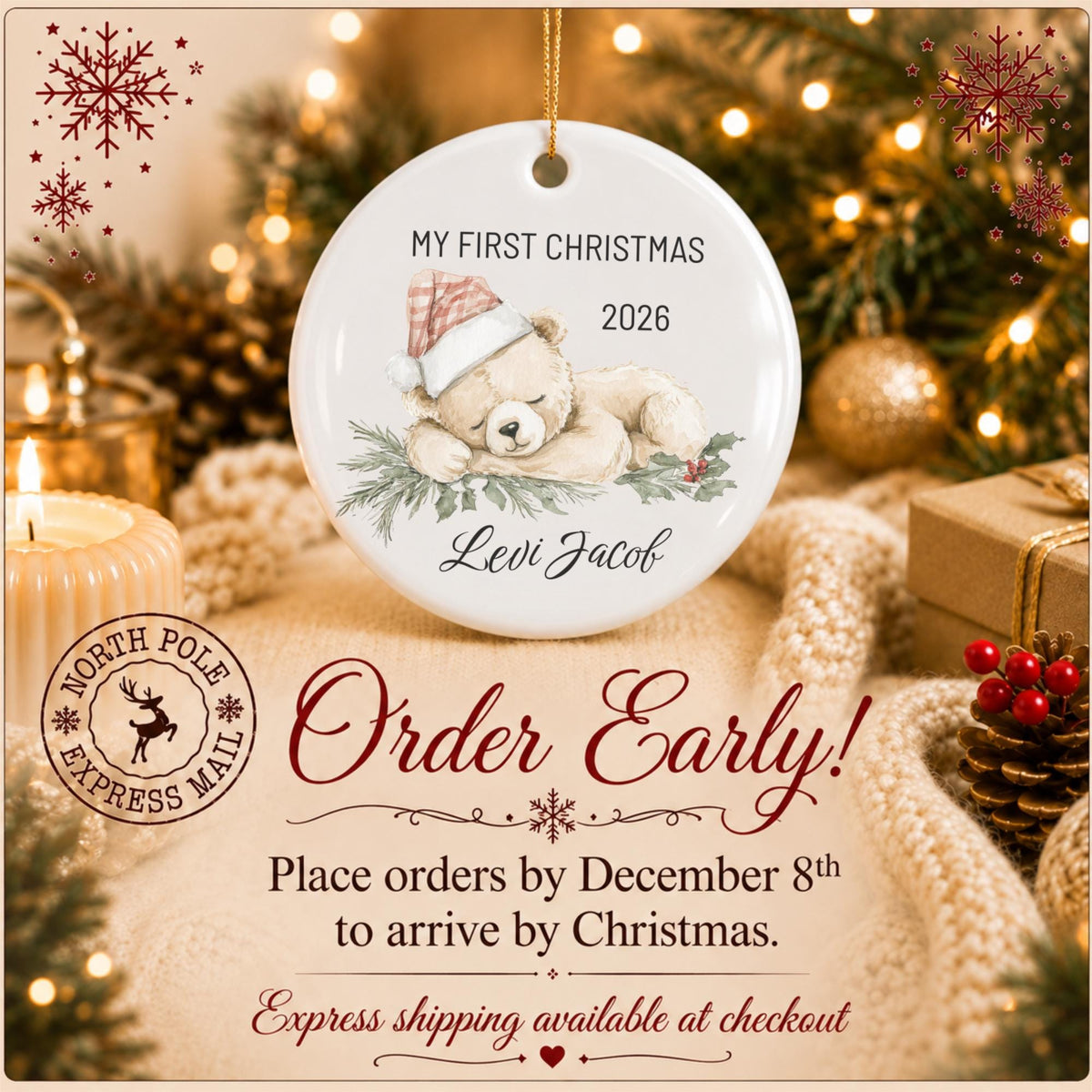 Baby's First Christmas Ornament 2026, Personalized Teddy Bear Keepsake, Custom Name Ceramic Ornament, New Baby Gift, Grandbaby Gift