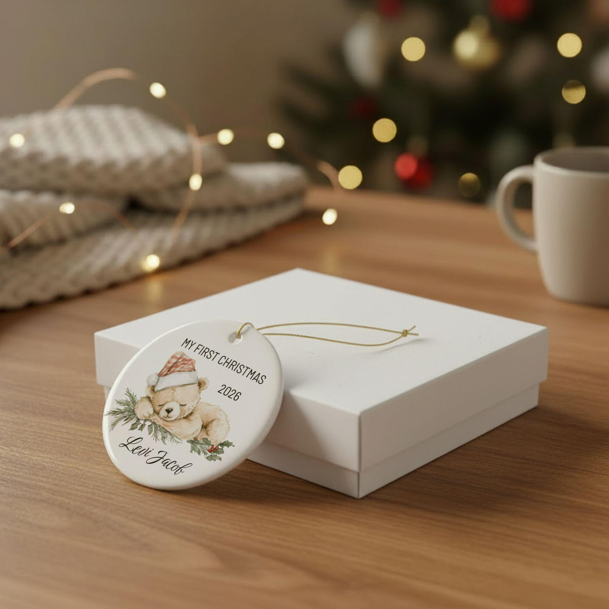 Baby's First Christmas Ornament 2026, Personalized Teddy Bear Keepsake, Custom Name Ceramic Ornament, New Baby Gift, Grandbaby Gift