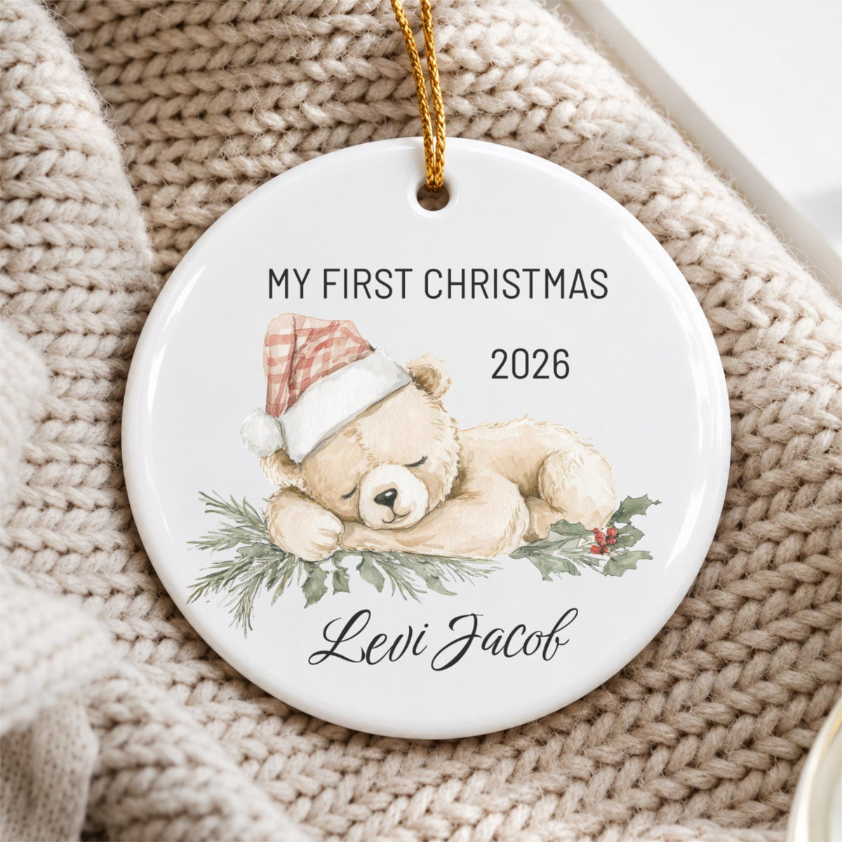 Baby's First Christmas Ornament 2026, Personalized Teddy Bear Keepsake, Custom Name Ceramic Ornament, New Baby Gift, Grandbaby Gift