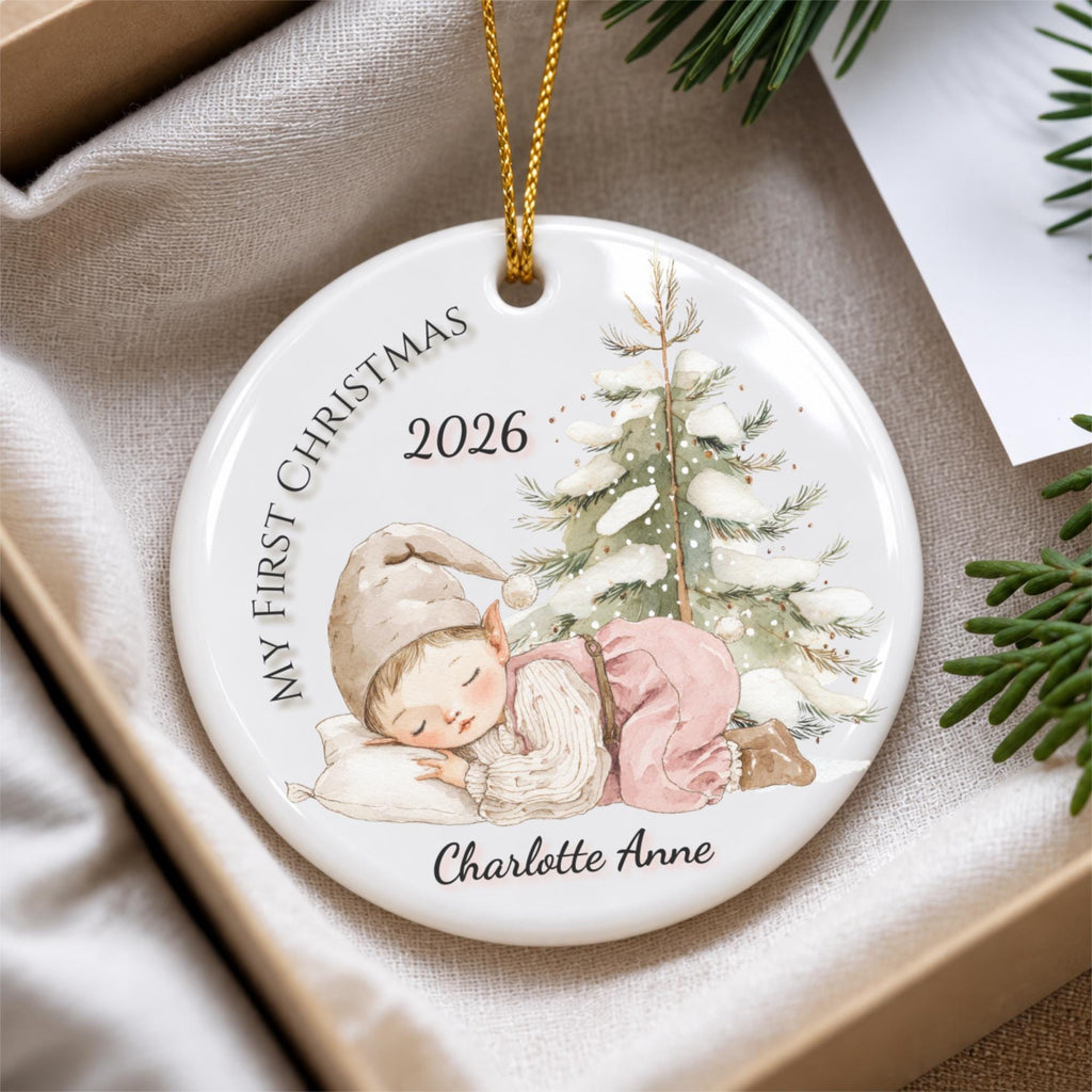 Baby's First Christmas Ornament 2026, Sleeping Baby Elf, Custom Name Ceramic Keepsake, Newborn Gift, New Baby Boy Girl, Baby Shower Gift