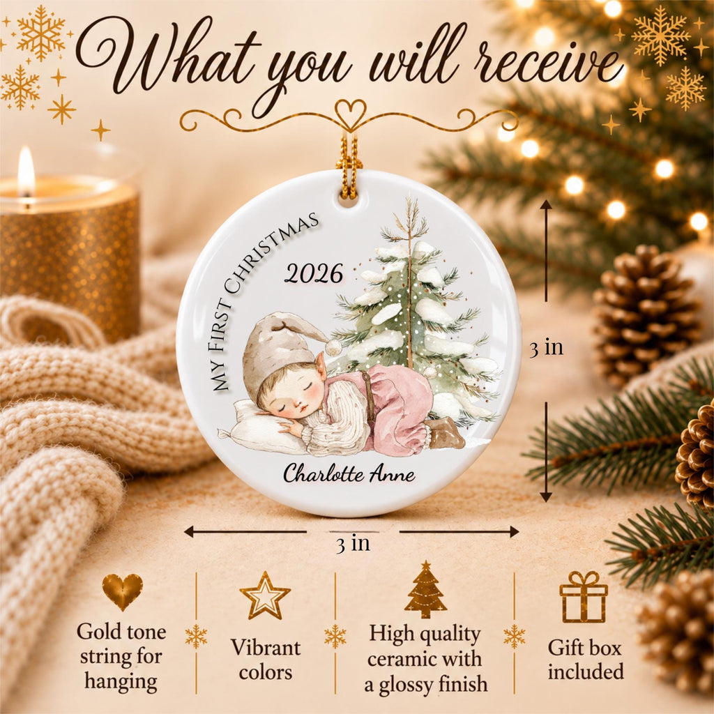 Baby's First Christmas Ornament 2026, Sleeping Baby Elf, Custom Name Ceramic Keepsake, Newborn Gift, New Baby Boy Girl, Baby Shower Gift
