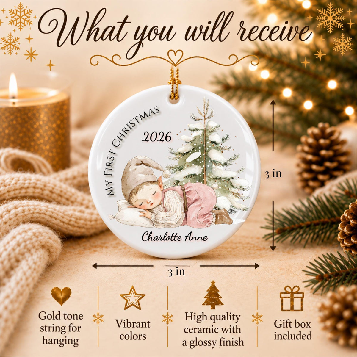 Baby's First Christmas Ornament 2026, Sleeping Baby Elf, Custom Name Ceramic Keepsake, Newborn Gift, New Baby Boy Girl, Baby Shower Gift