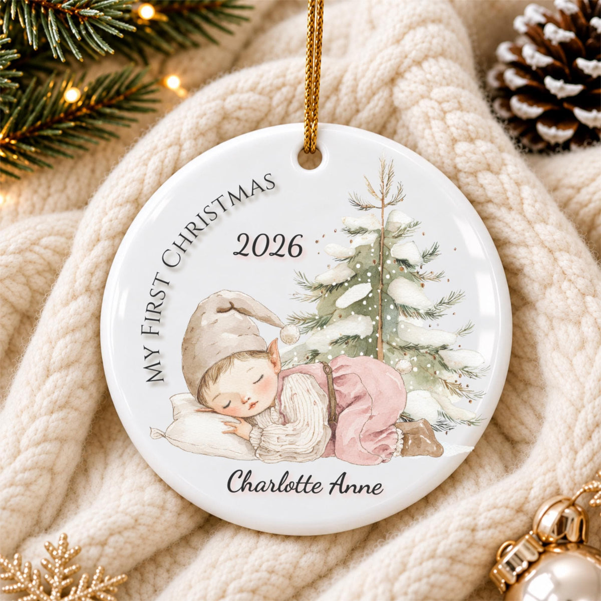 Baby's First Christmas Ornament 2026, Sleeping Baby Elf, Custom Name Ceramic Keepsake, Newborn Gift, New Baby Boy Girl, Baby Shower Gift