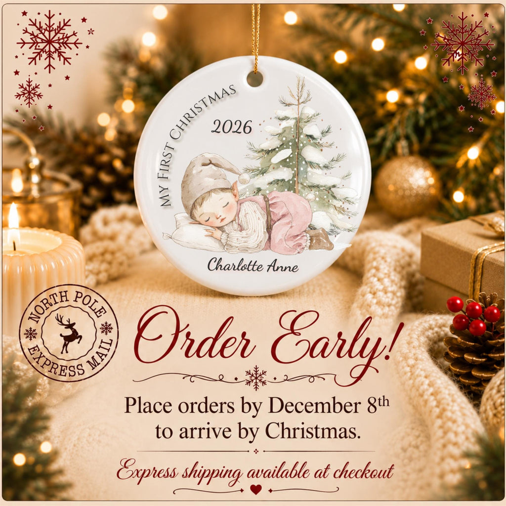 Baby's First Christmas Ornament 2026, Sleeping Baby Elf, Custom Name Ceramic Keepsake, Newborn Gift, New Baby Boy Girl, Baby Shower Gift