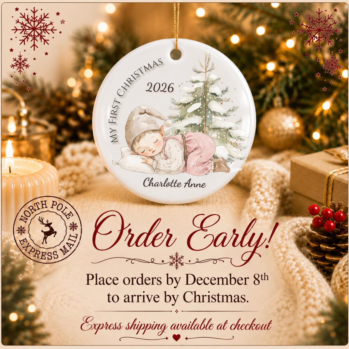 Baby's First Christmas Ornament 2026, Sleeping Baby Elf, Custom Name Ceramic Keepsake, Newborn Gift, New Baby Boy Girl, Baby Shower Gift