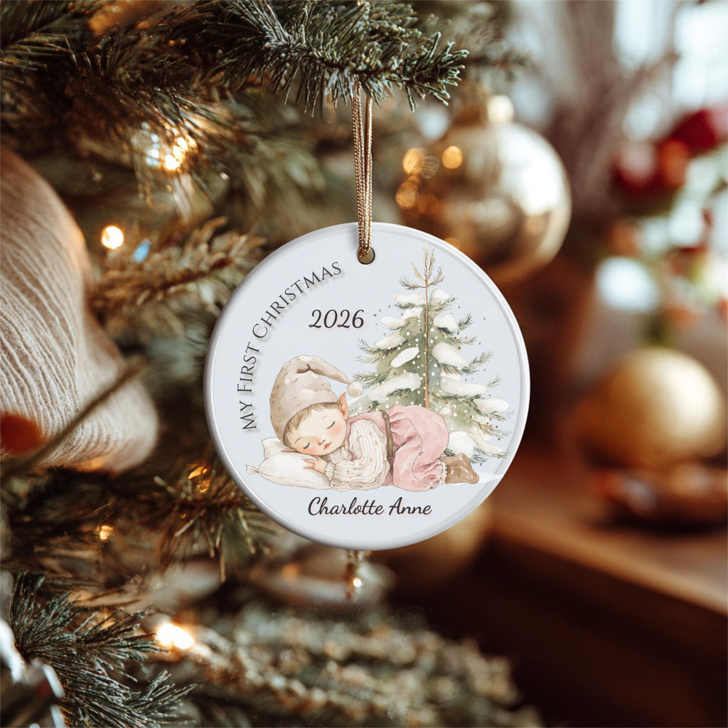 Baby's First Christmas Ornament 2026, Sleeping Baby Elf, Custom Name Ceramic Keepsake, Newborn Gift, New Baby Boy Girl, Baby Shower Gift