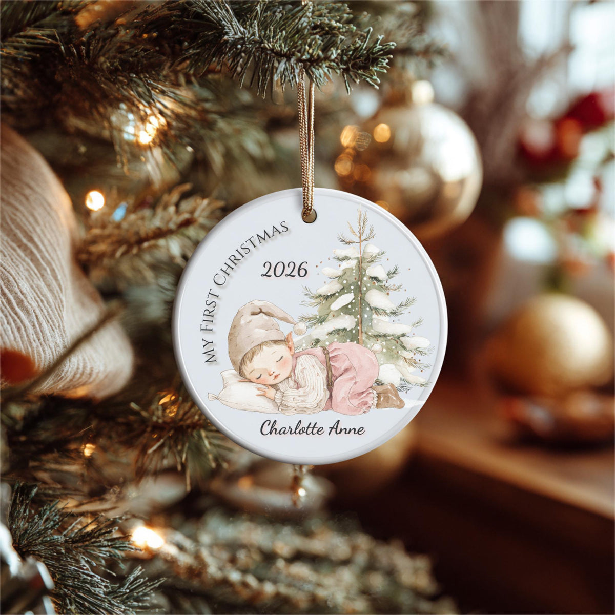 Baby's First Christmas Ornament 2026, Sleeping Baby Elf, Custom Name Ceramic Keepsake, Newborn Gift, New Baby Boy Girl, Baby Shower Gift