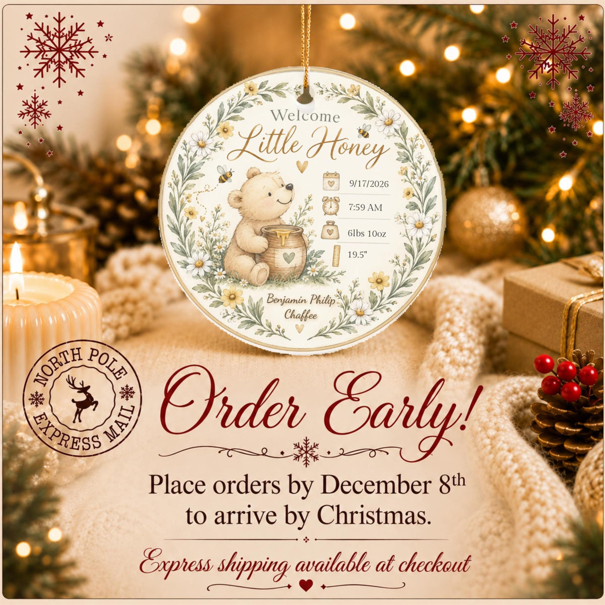 Birth Stats Ornament, Personalized Welcome Little Honey Baby Keepsake, Birth Announcement Gift, New Baby Christmas Gift, Newborn Gift