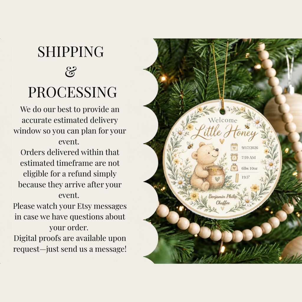 Birth Stats Ornament, Personalized Welcome Little Honey Baby Keepsake, Birth Announcement Gift, New Baby Christmas Gift, Newborn Gift